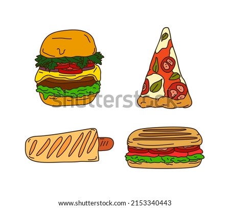 Set of fast food illustrations. Delicious pizza, french hot dog, hamburger and sandwich isolated on white.