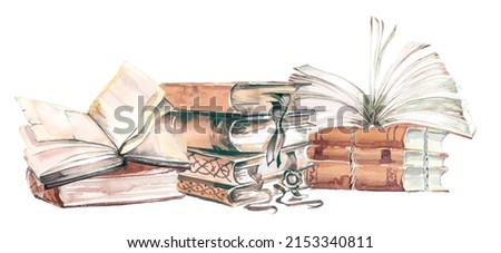 Vintage books stacks and open books. Watercolor hand painted school concept illustration. Book lover design. Education themed clipart.