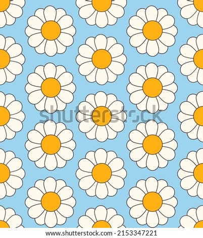 Cute cartoon groovy seamless pattern. 70s retro nostalgic textile design. Vintage geometric flowers 60s hippie style background. Floral checkerboard grid funny print.