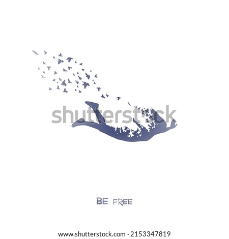 Falling girl. Flying birds. Freedom concept. Blue silhouette on white Royalty-Free Stock Photo #2153347819