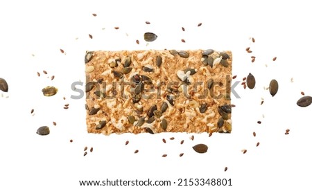 Cheese crispy bread with pumpkin and flax seeds isolated on white background. Healthy whole grain crispbread Royalty-Free Stock Photo #2153348801