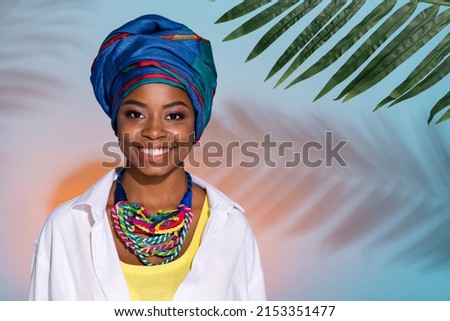 Photo of zulu lady wear national accessories necklace look smile under green forest isolated on colored background