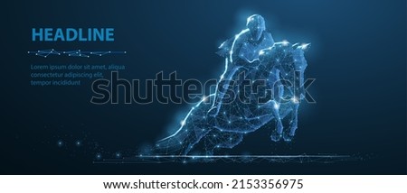 Jumping race horse with rider on blue. Low pole. Horse riding, equestrian sport, good luck, digital technology, fortune symbol. Sport background, bet win, dream, derby win, melbourne cup concept. Royalty-Free Stock Photo #2153356975