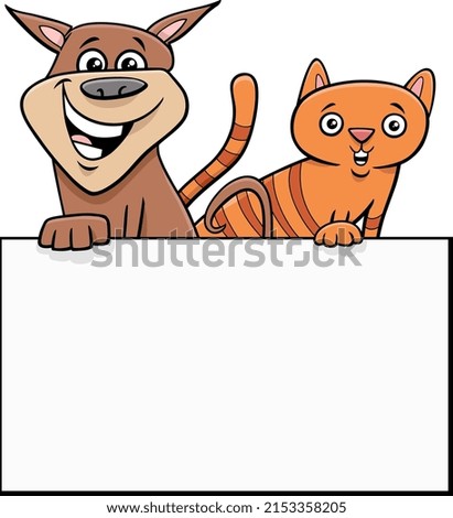 Cartoon illustration of dog and cat with blank card graphic design