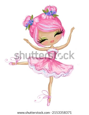 Cute ballerina tiptoe illustration with flowers in pink hairstyle. Girl wear Pink ballet dress.