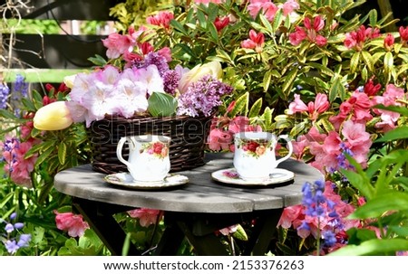 Simple elegant garden tea and flowers for Mother's Day or spring celebration Royalty-Free Stock Photo #2153376263