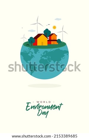 World environment day typography with an eco-friendly village, forest landscape on earth. Natural energy vector illustration background design.