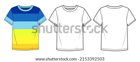 Unisex T-shirt fashion flat design blue and yellow color. T-shirt fashion flat technical drawing template with short sleeve, crew neck, front and back views, white color.