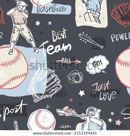 Baseball seamless pattern on a dark background. Sports background with lettering, baseball players, balls for textile design, covers. Hand drawing, motivation.