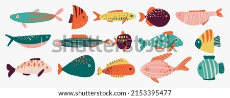 Collection of vector hand drawn cute fishes in flat style. Fishes body vector icons big set. Vector illustration for icon, logo, print, icon, card, emblem, label. Aquarium. Royalty-Free Stock Photo #2153395477