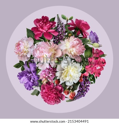 Floral collage isolated on light purple background. Digital art. 