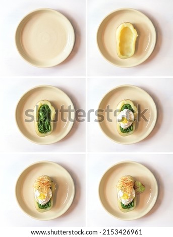 Arranging a creative dish, collage in six steps - empty plate, hollowed out potato, filled with spinach, poached egg placing, fried celery straw,  herb leaf as garnish, flat lay, top view from above