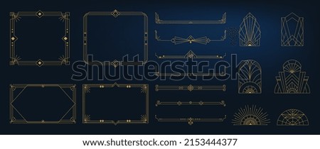Collection of geometric art deco ornament. Luxury golden decorative elements with different lines, frames, headers, dividers and borders. Set of elegant design suitable for card, invitation, poster. Royalty-Free Stock Photo #2153444377