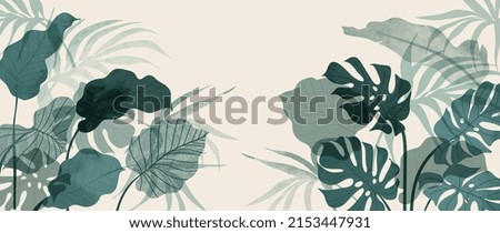 Abstract foliage and botanical background. Green tropical forest wallpaper of monstera leaves, palm leaf, branches in hand drawn pattern. Exotic plants background for banner, prints, decor, wall art. Royalty-Free Stock Photo #2153447931