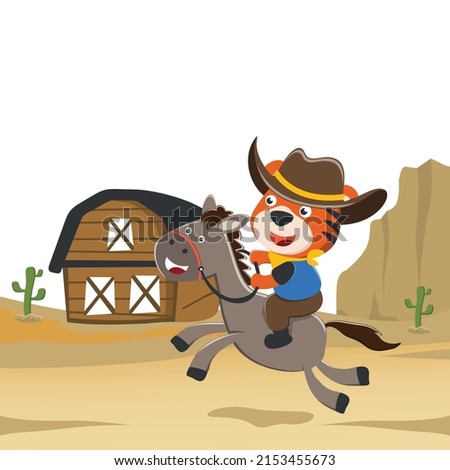 Vector cartoon illustration of funny tiger the cowboy riding a brown horse in the desert, T-Shirt Design for children. Creative vector childish background for wallpaper, poster and other decoration.