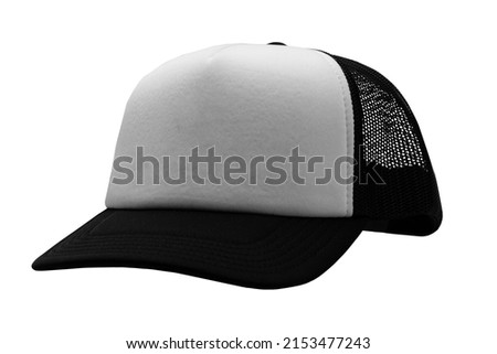 Black trucker cap isolated on white background. Basic baseball cap. Mock-up for branding. Royalty-Free Stock Photo #2153477243
