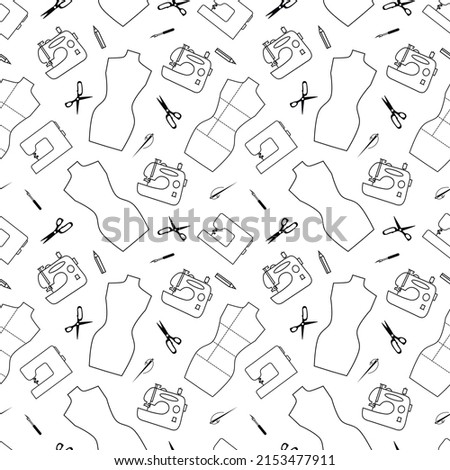Vectorl seamless pattern. Linear sewing machines, mannequines with body measurements by dotted line, tailor scissors, needle and thread, seamstress ripper. line art style design for textile, wallpaper
