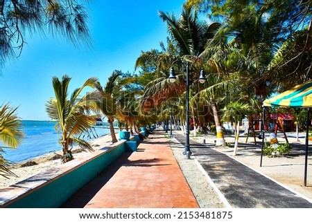 touristic pier with palm trees and beautiful beach, paradise place in aguada island campeche  Royalty-Free Stock Photo #2153481875