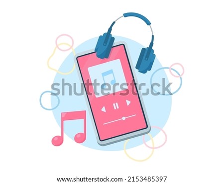 Illustration of Listening to Music on a Mobile Phone. Music player with headphones. Playing songs online. 