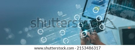 Top view Business developer hand using Kanban board framework on virtual modern computer showing innovation Agile software development lean project management tool for fast changes concept Royalty-Free Stock Photo #2153486317