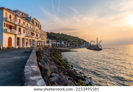 Sunset at Guethary beach in Lapurdi province. French Basque Country, Department of Pyrénées-Atlantiques Royalty-Free Stock Photo #2153495581