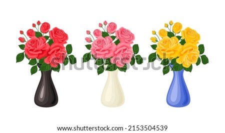 Bouquets of roses set. Beautiful red, yellow and pink rose flowers in vases isolated on white background. Vector illustration in cartoon flat style. Royalty-Free Stock Photo #2153504539