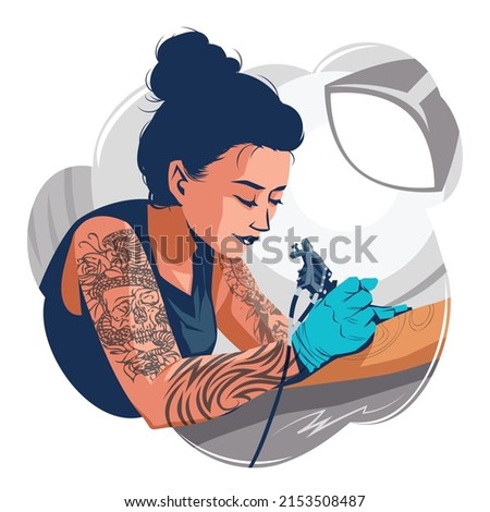 Female Tattoo Artist Making Tattoo on Arm Concept Vector. Illustration of a Female Tattoo Artist Holding a Tattoo Machine Royalty-Free Stock Photo #2153508487