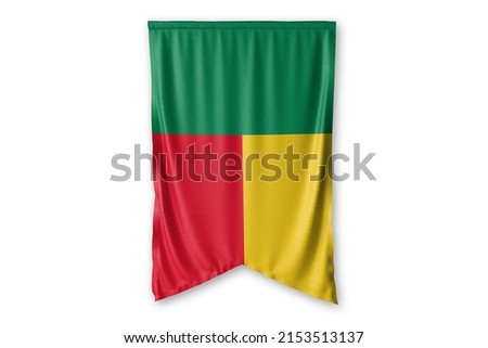 Benin flag hang on a white wall background. - image.