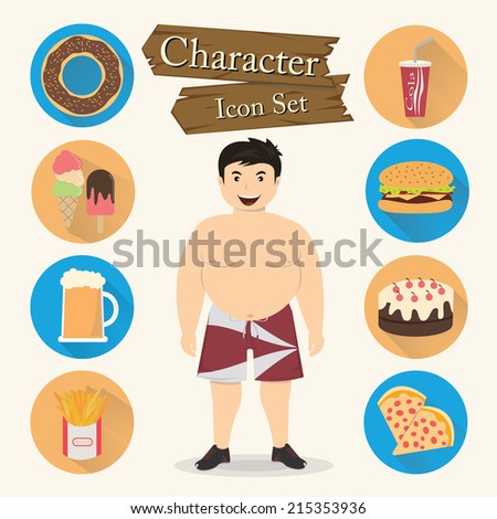 Chubby man character Icon set vector 