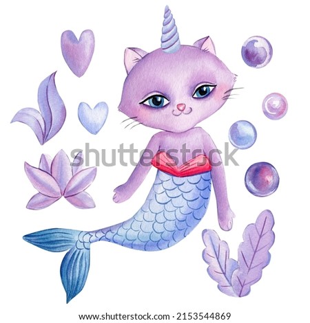 Violet unicorn cat, mermaid on an isolated white background. Watercolor illustration
