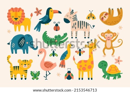 Cute jungle animals set. Childish print for cards, apparel and decoration