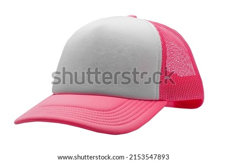 Neon pink trucker cap isolated on white background. Basic baseball cap. Mock-up for branding. Royalty-Free Stock Photo #2153547893