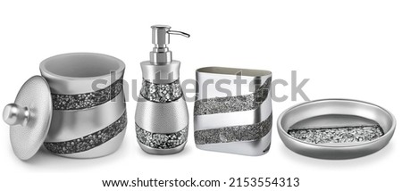 Set of accessories for bath and personal hygiene on white background, Beautiful hygiene set, silver Bath Accessories Royalty-Free Stock Photo #2153554313