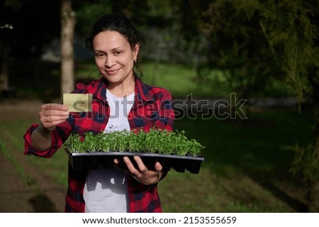 Middle-aged woman gardener shows a golden credit card and holds a cassette with growing sprouts of culinary greens on black soil, standing in the vegetable garden of the countryside house backyard Royalty-Free Stock Photo #2153555659