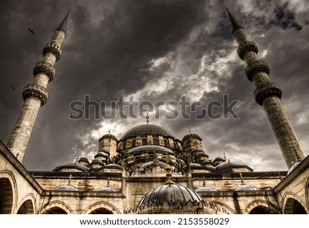 minarets of the new mosque in istanbul turkey