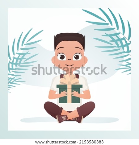 Joyful child boy sits in a lotus position and holds a gift with a bow in his hands. Birthday, new year or holidays theme. Cartoon style. Vector illustration.