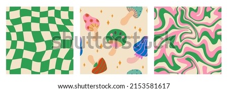 1970 Mushroom, Trippy Grid, Wavy Swirl Seamless Pattern Set in Green, Pink Colors. Hand-Drawn Vector Illustration. Seventies Style, Groovy Background, Wallpaper. Flat Design, Hippie Aesthetic.