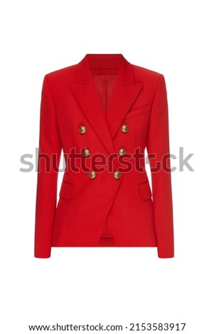 Ghost mannequin, red women's business office classic jacket without human model. Blazer coat for ladies female with golden buttons and long sleeves isolated on white background, mock up, templates