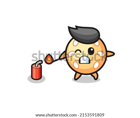 sesame ball mascot illustration playing firecracker , cute design