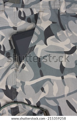 mobile phone in the pocket of pale green camo pants