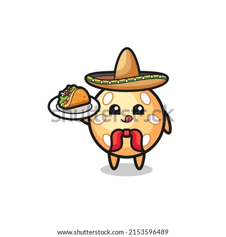sesame ball Mexican chef mascot holding a taco , cute design