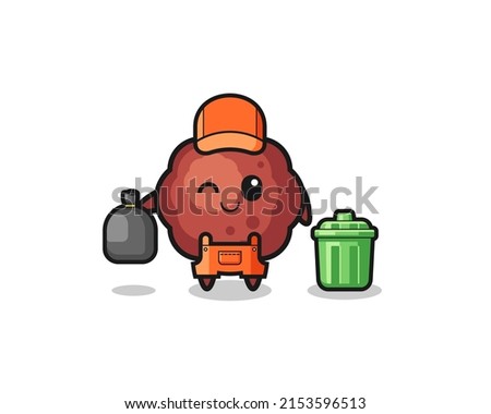 the mascot of cute meatball as garbage collector , cute design