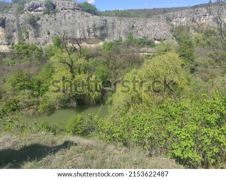 spring view from canyon of river Chernelka, rocks and green forest, pictures with some noise and no focus on main objects