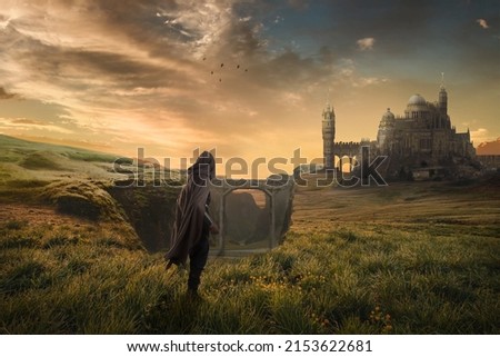 hooded man looking at the fantasy landscape castle Royalty-Free Stock Photo #2153622681