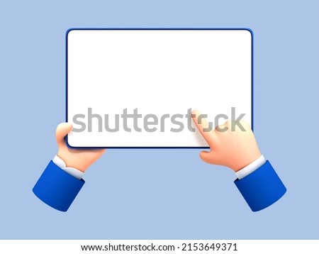 3D cartoon hand holding tablet isolated on blue background. Hand using tablet mockup. Vector 3d illustration
