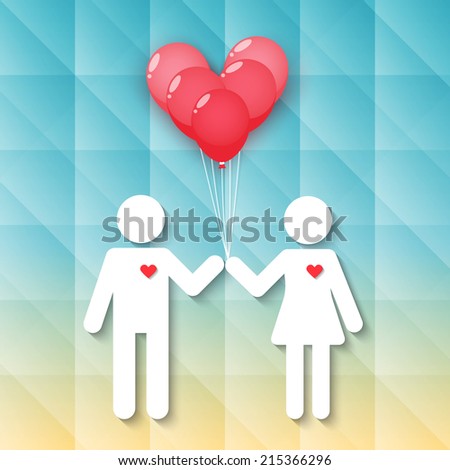 white paper man and woman dating with red heart balloons in modern flat style. vector.