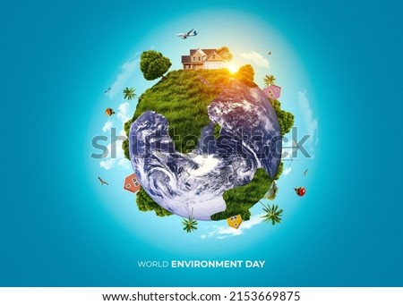 World environment day text with a full view of planet earth and nature landscape creative concept image manipulation.  Royalty-Free Stock Photo #2153669875