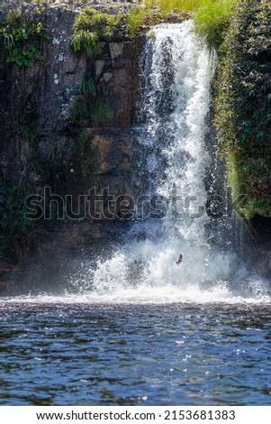 A close up view of a big waterfall on a mountain of the cerrrado biome in west-central Brazil. Landscape. Strong water. Nature photographer