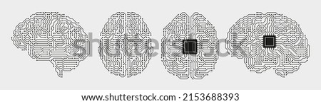 Circuit board brains. Artificial intelligence microchip, AI chip and digital brain processor vector illustration set. Digital data security technology, futuristic computer system concept