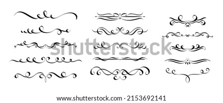 Calligraph dividers. Elegant vintage flourishes, text delimiters decoration and hand drawn ornament dividers vector set. Luxury borders for invitation, certificate or greeting card Royalty-Free Stock Photo #2153692141